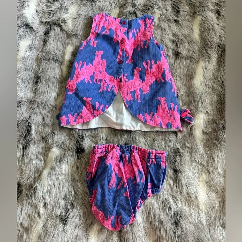 Lilly Pulitzer Baby Shift w/ matching bloomers Sz 6/12 month blue pink giraffes